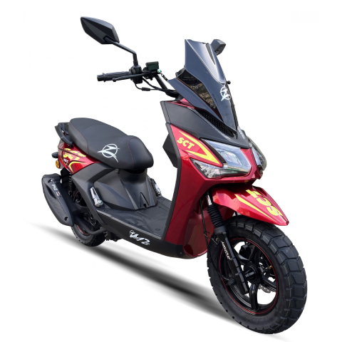SCT Scooter 150cc Mishozuki, mostrando motor 150cc, faros LED, llantas de aleación y espacio bajo asiento